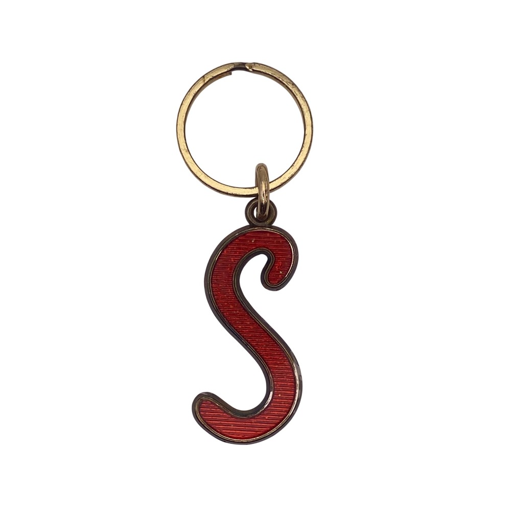 Vintage Red Enamel Letter S Initial Keychain Gold Tone Retro Monogram Key‎ Fob